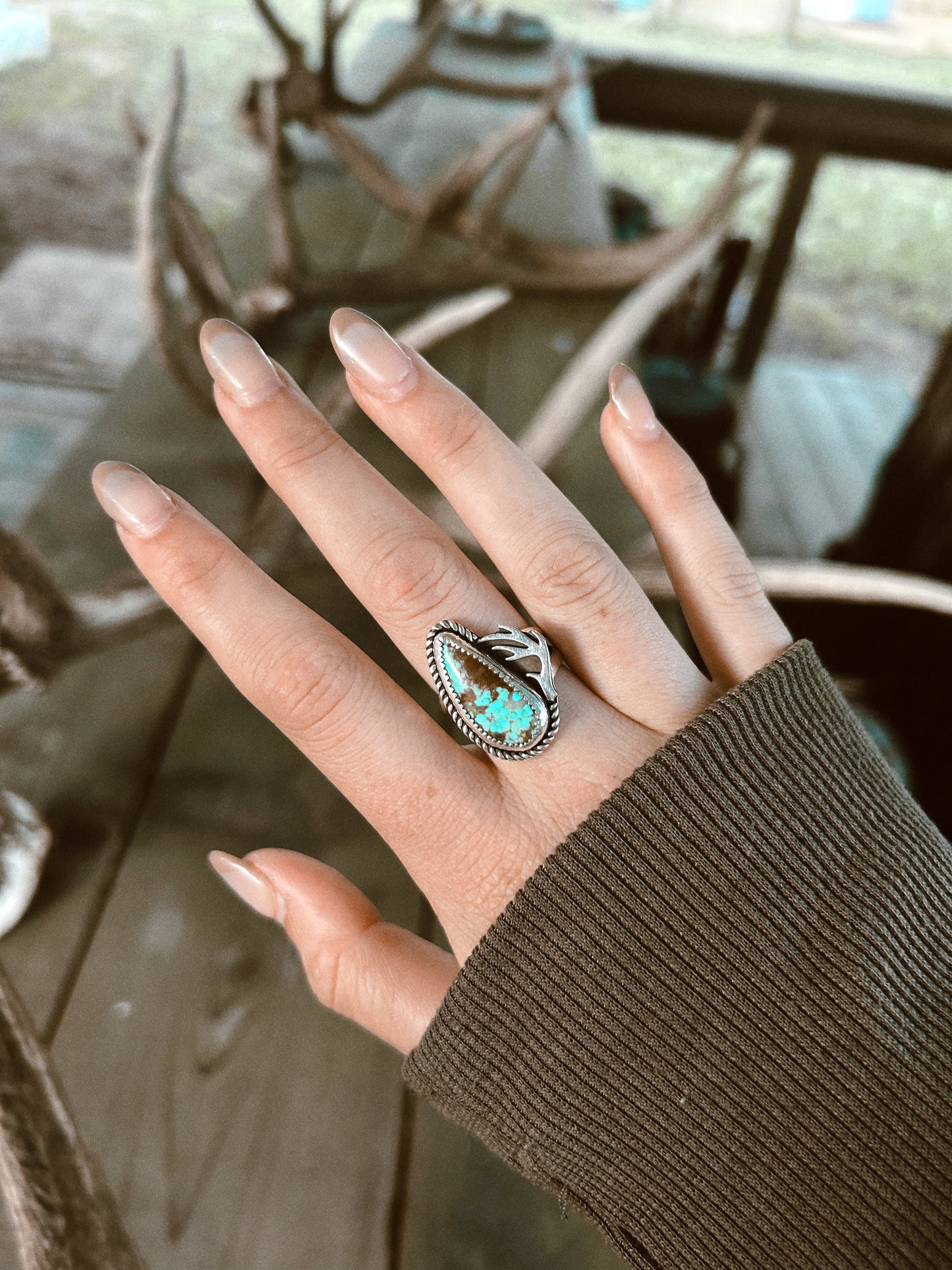 The Speckled Turquoise Antler Ring 7 1/2