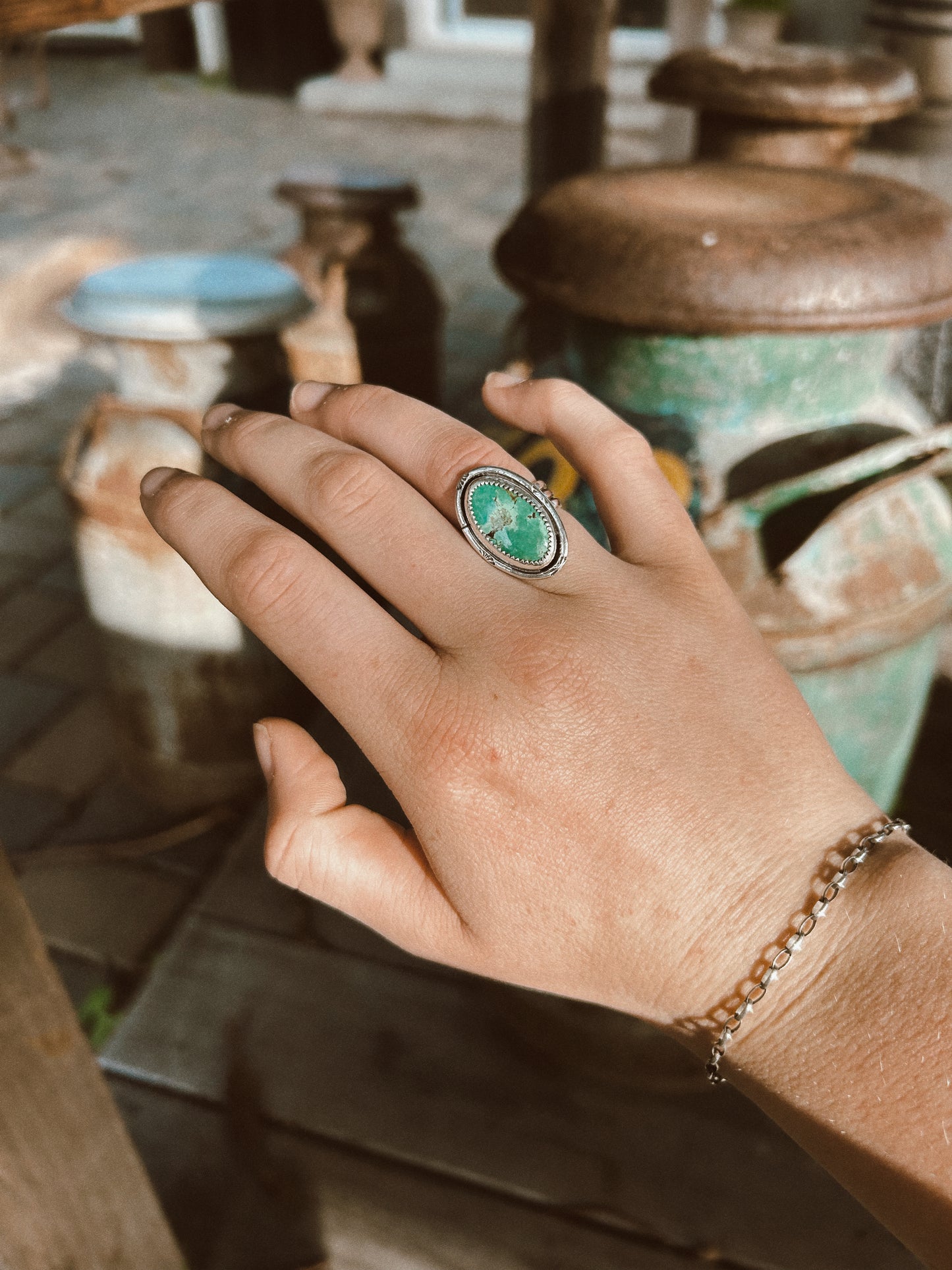 The Green Stamped Turquoise Ring Size 6