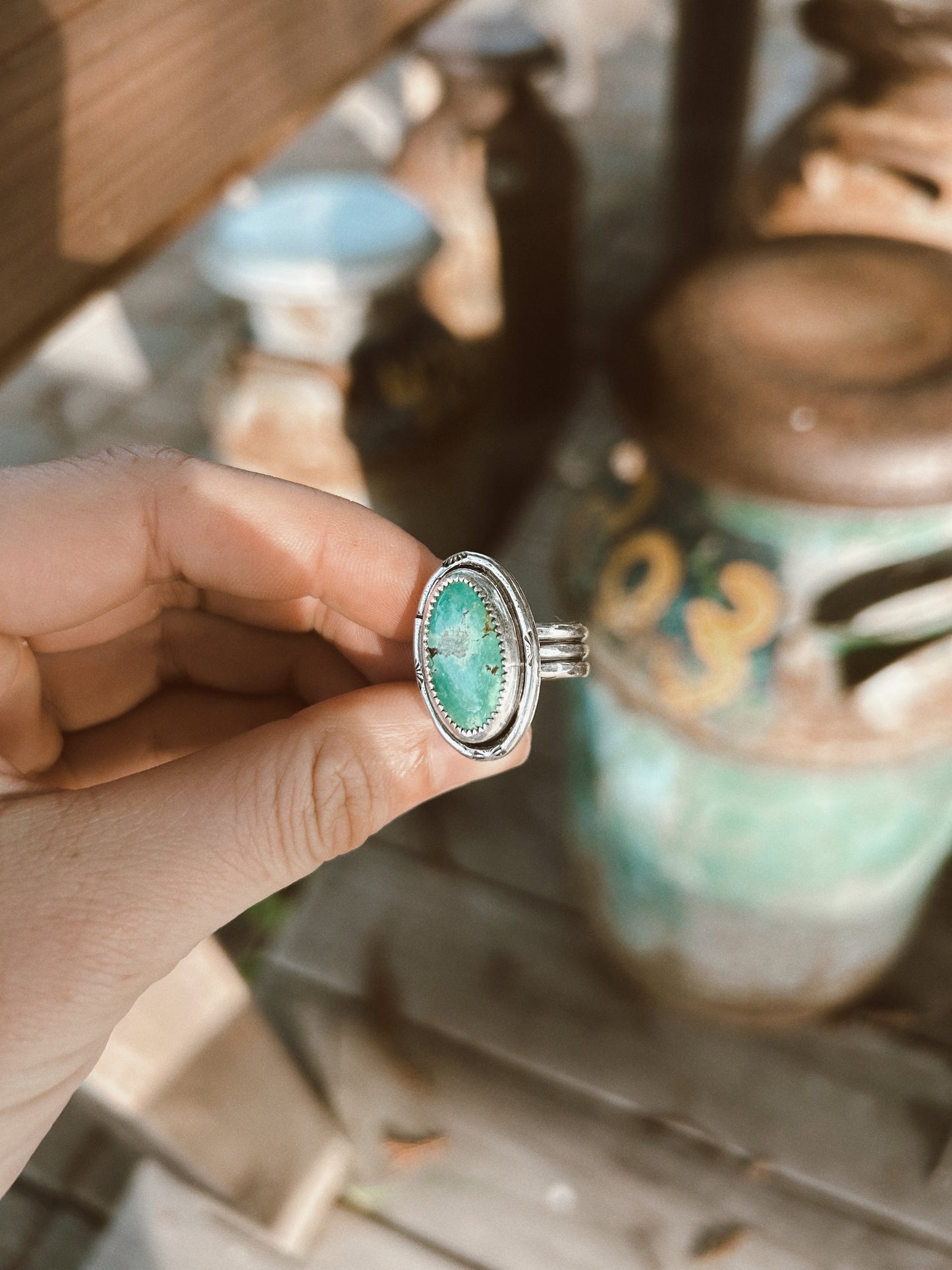 The Green Stamped Turquoise Ring Size 6